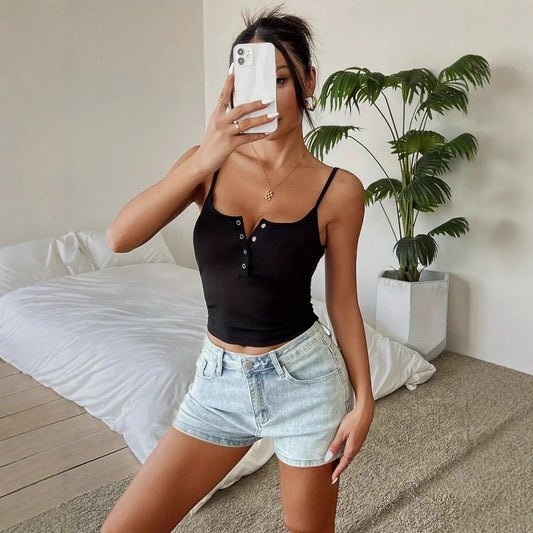 Solid-color Buttoned Cropped Camisole