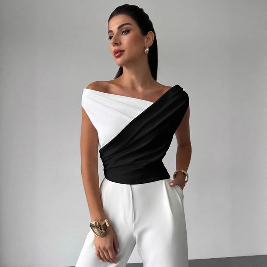 Color-blocked Asymmetric Shoulder Ruffled Hem Slim-fit Versatile Elegant Commuter Top