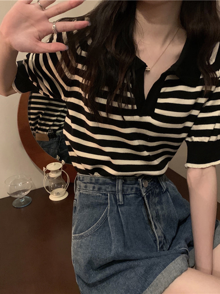 Thin Summer Striped Short Sleeve T-Shirt Knit Top