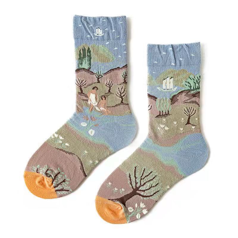 Trendy Mid-calf Length Socks Preppy Style Stockings Artistic Illustration Socks