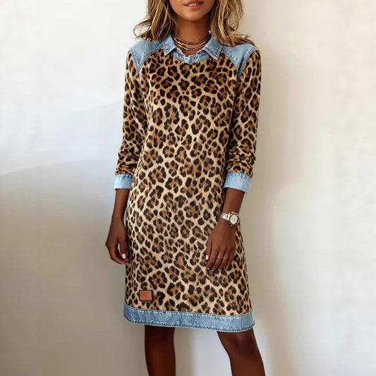Stylish Fashion Forward Leopard Print Patchwork Long Sleeve Dress