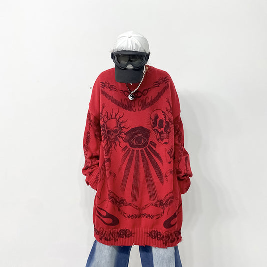 Mørk Street Culture Strikket Sweater med Kranieprint til Efterår/Vinter
