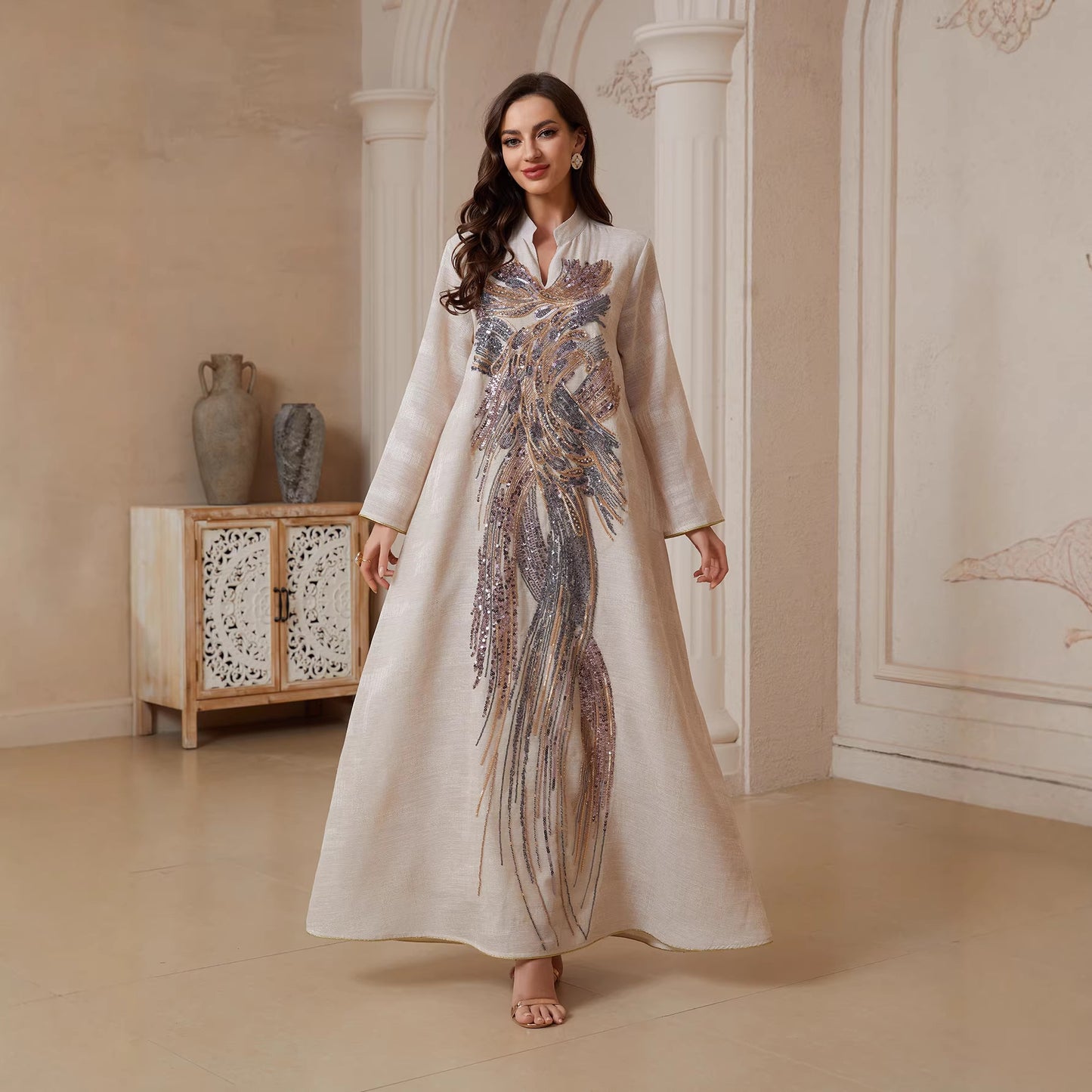 Muslim Womens Dress Made Of Mesh Fabric With Sequins