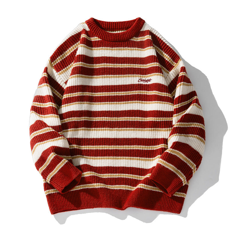 Striped Heavy Thick Needle Sweater Men's Couple Retro Contrast Color Japanese Style