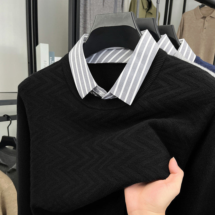 Mens Long-sleeve Casual Mock Two-piece Sweater