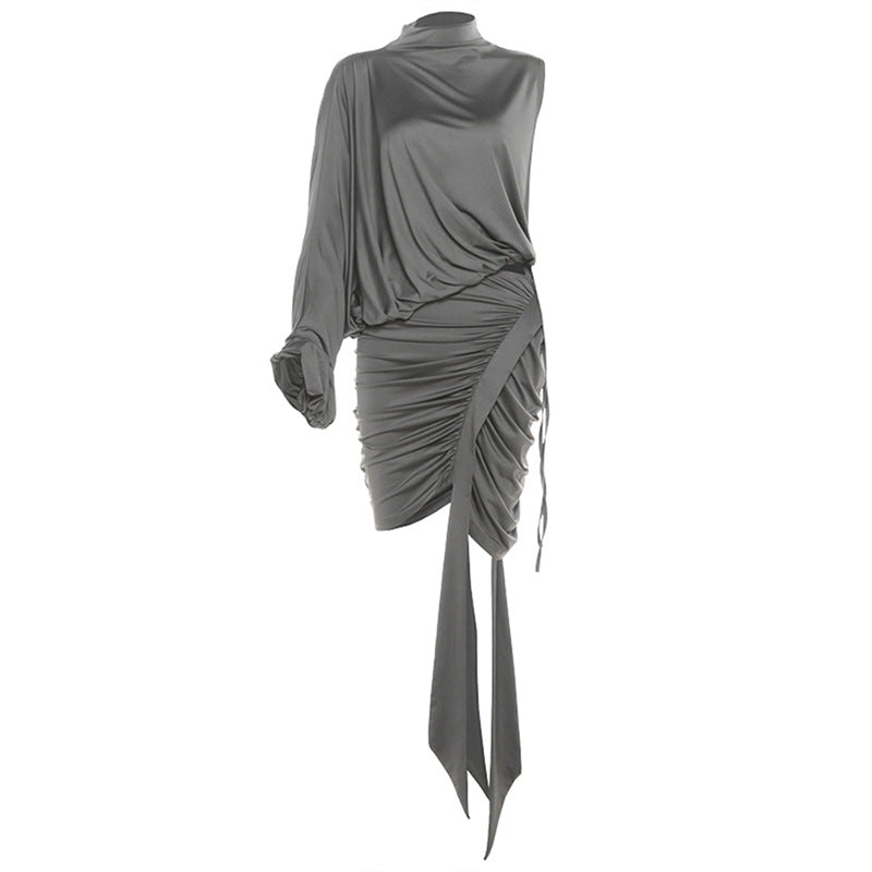 French-style Chic Mock-neck One-shoulder Sleeve Top And Skirt Set