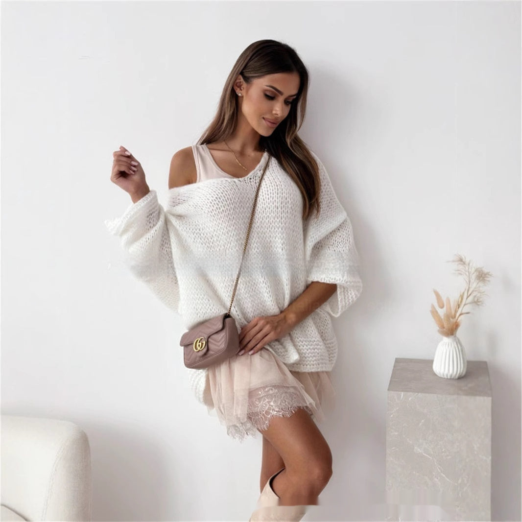 Loose And Idle Pullover Sweater V-neck Excellent Long Sleeve Top