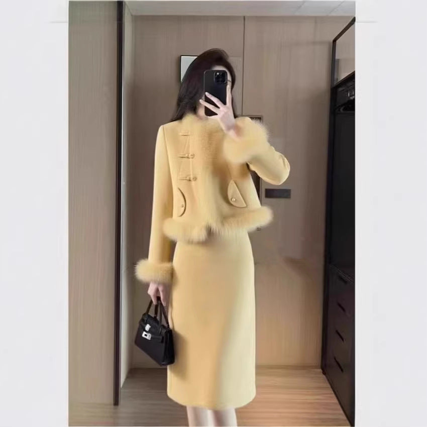 Yellow Wool Coat And Skirt Set Extra Thick