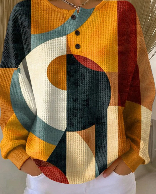 Retro 3D Digital Print Three-button Stand Collar Top