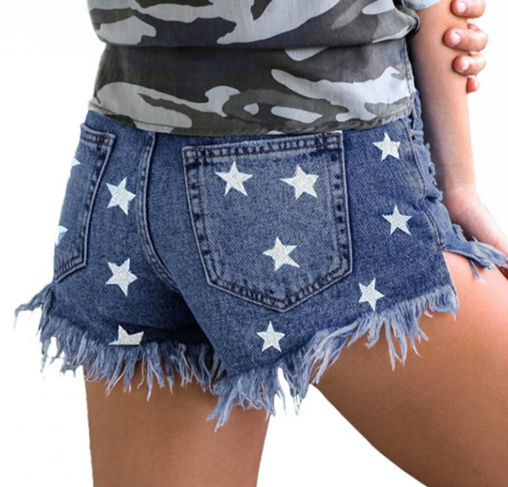 Womens High-Waisted Fringe Star-Print Shorts