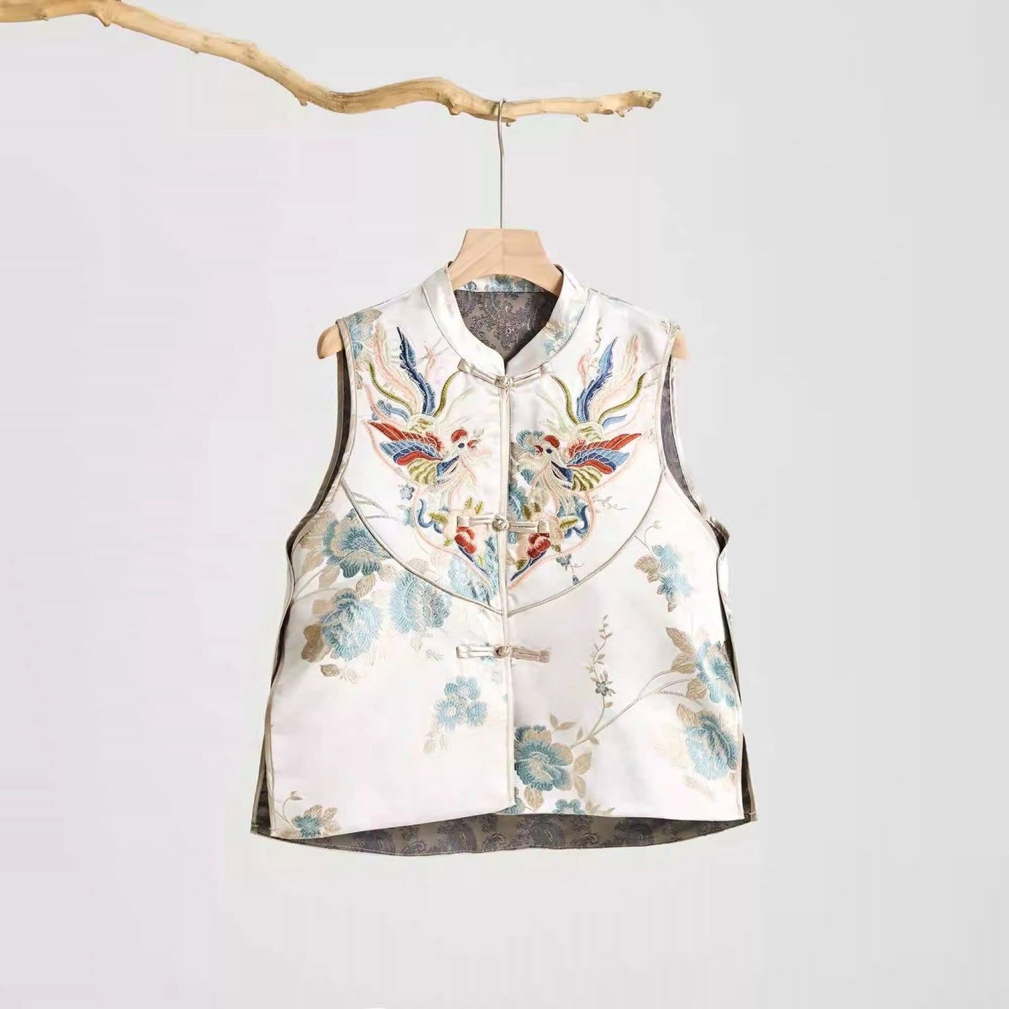 Split Stand Collar Machine Embroidery New Chinese Jacquard National Style Retro Buckle Vest For Women