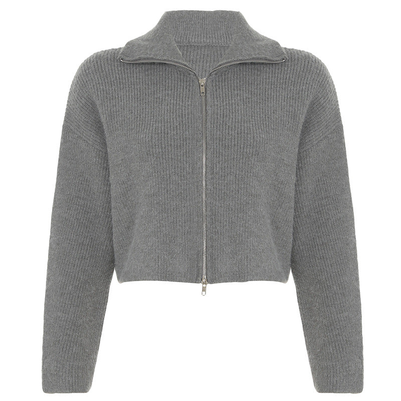 American Simple Style Loose Zip Cardigan Sweater Coat For Women