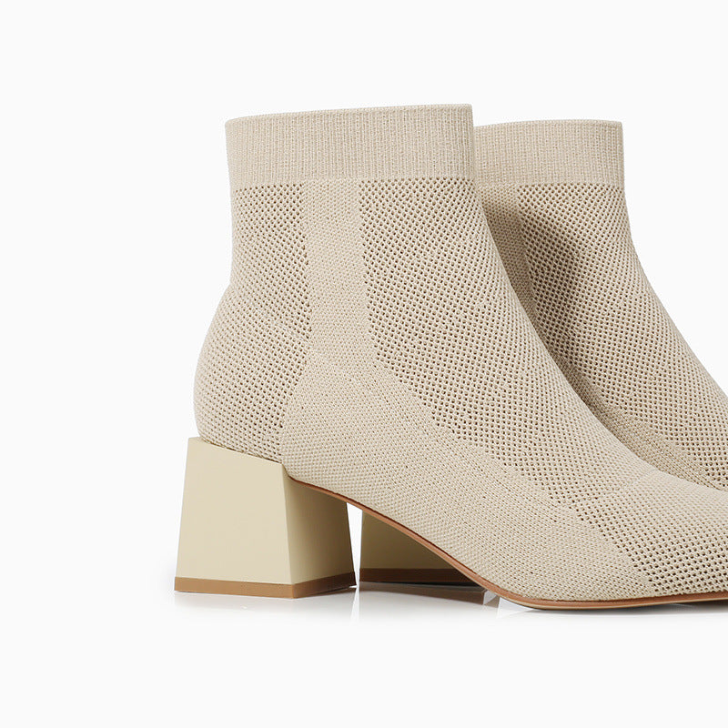 All-match Stretch Knitted High Heel Solid Color Chunky Heel Square Toe Booties Women