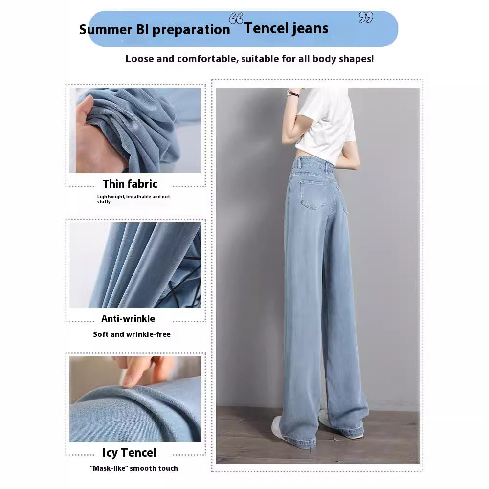 Drapering Effekt Jeans Dame Tynde Højtaljede Lige Ben Is-Silke Bukser med Brede Ben