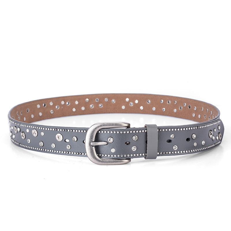 Fashion Trend Ladies Leather Rivet Rhinestone Inlaid Pin Buckle Belt