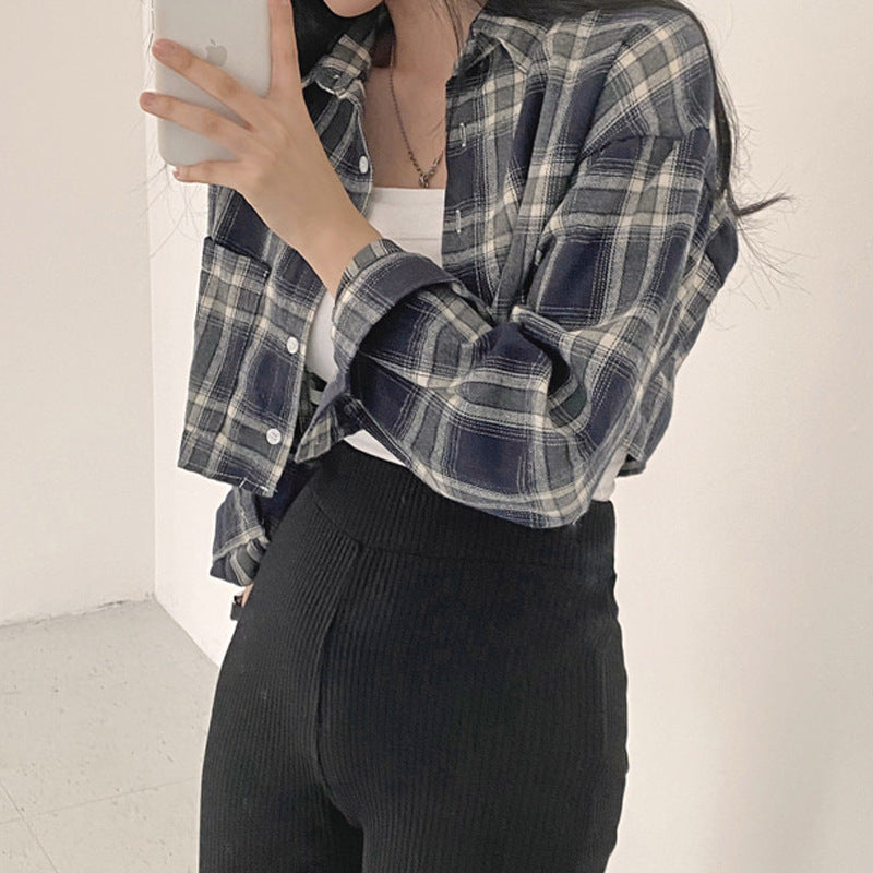 Retro Plaid Lapel Long Sleeve Short Shirt For Women