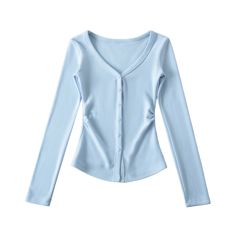 Macaron-colored V-neck Button-front Waist-cinching Top With Long Sleeves