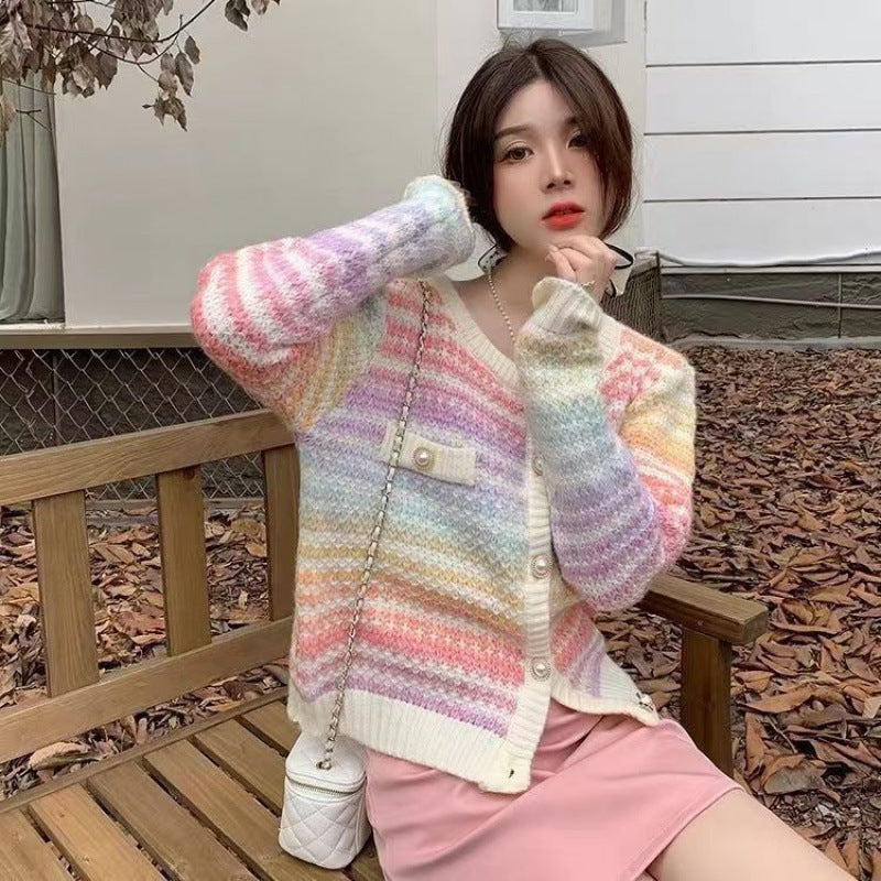 Women's Short Coat Color Striped Sweater Coat