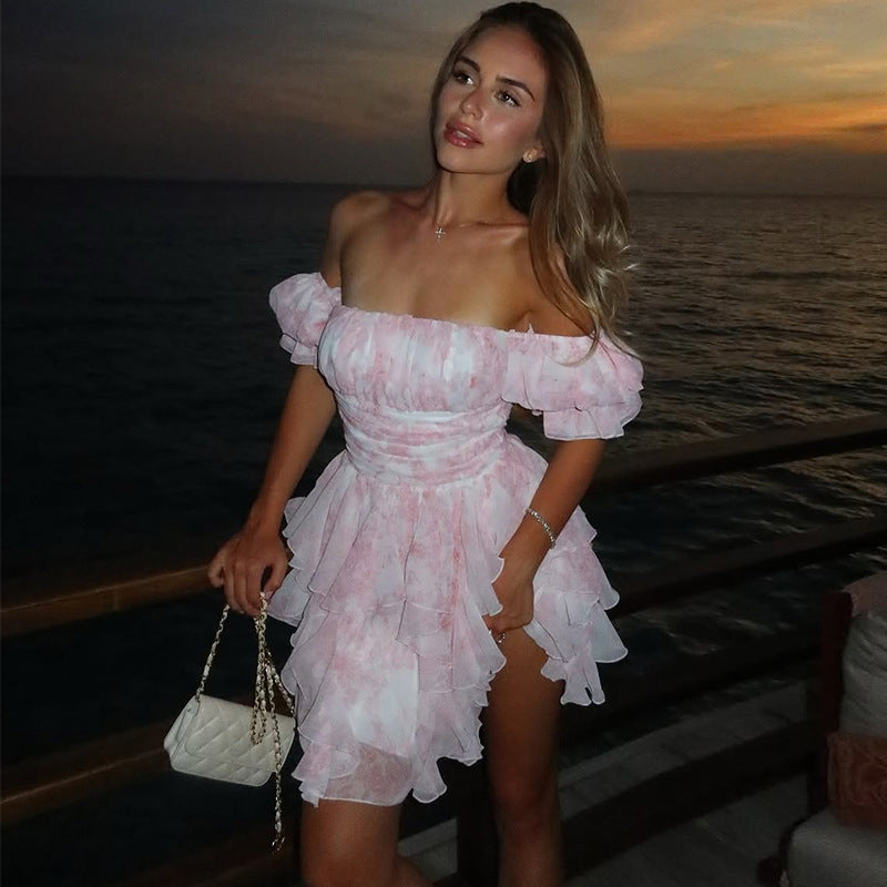 Womens Stylish And Elegant Flared-Sleeve Floral Short Dress
