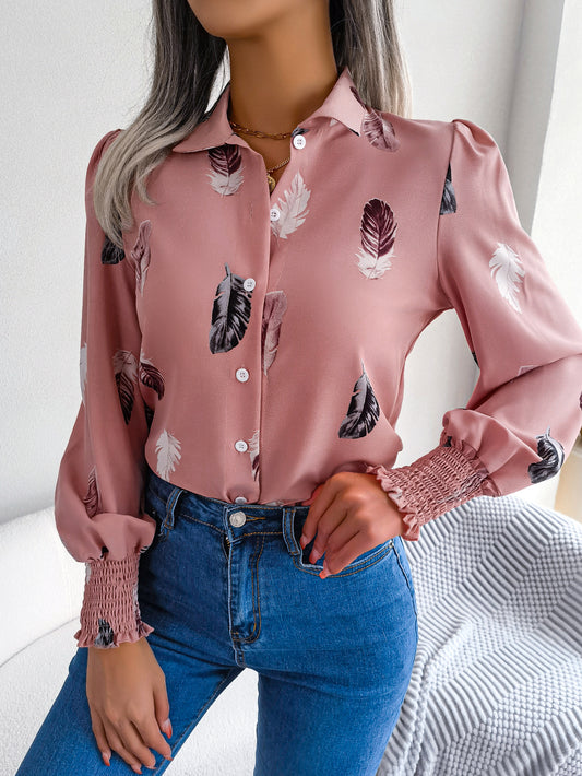 Women's Elegant Feather Lantern Sleeve Lapel Shirt