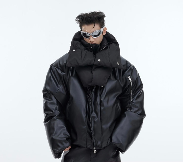 Double-layer Collar Design Cotton Coat Jacket Glossy PU Leather Stitching Thickening Cotton-padded Coat