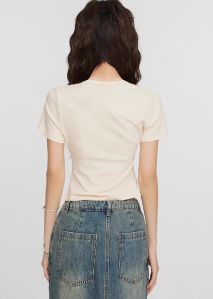 White Cat Round Neck Shoulder Short Sleeve