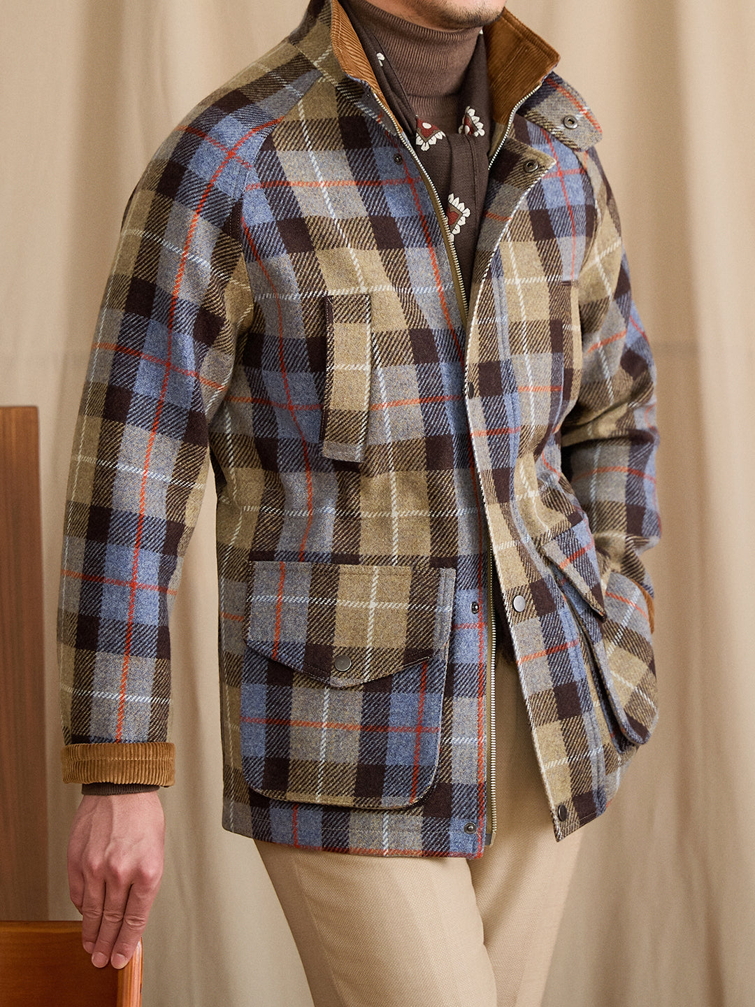 Casual Belted Hunting Jacket Wool Stand Collar Slim Coat