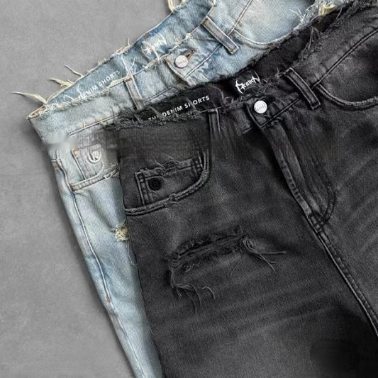 New Design Sense Ripped Burr Denim Shorts American Retro Washed Casual Loose Shorts