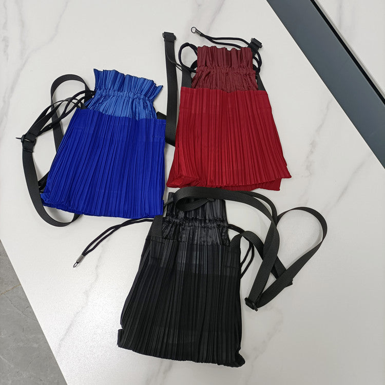 Simple Pleated Colorblock Drawstring Shoulder Bag