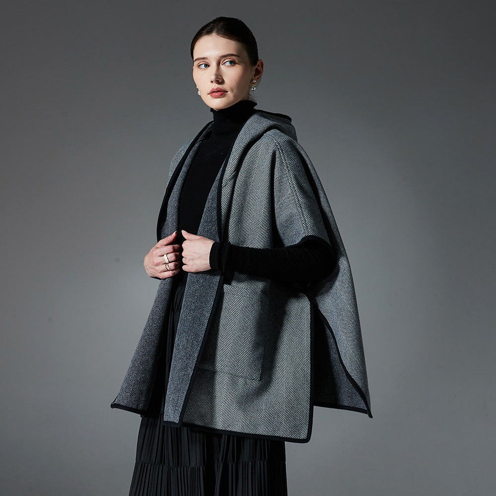 New Double-faced Woolen Goods Herringbone Pattern Hooded Shawl