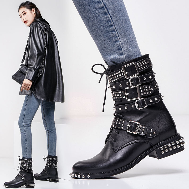 Women's Fashion Round Toe Stud Lace Up Martin Boots