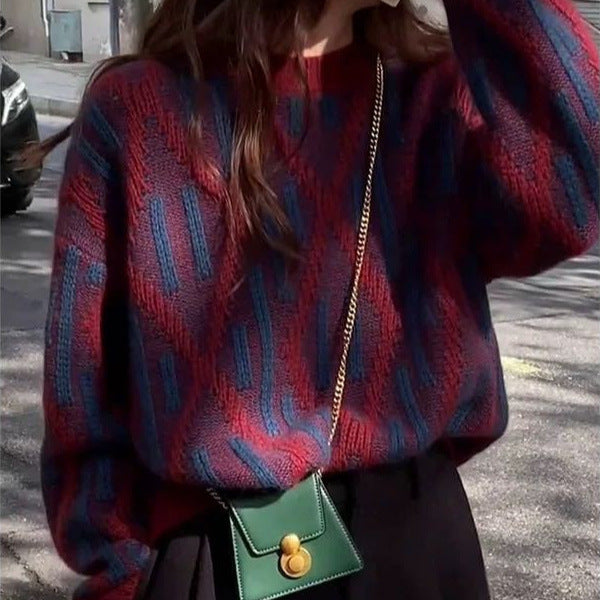 Rhombus Contrast Color Pullover Heavy Industry Sweater For Women