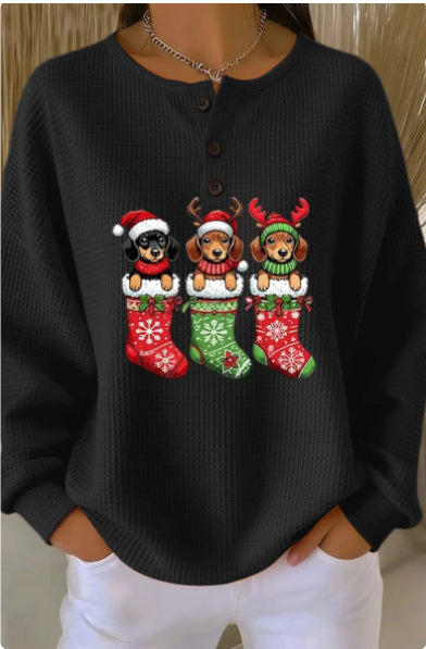 Womens Retro Printed Three-Button Stand-Up Collar Sweatshirt Top