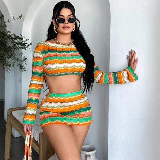 European And American-style Sexy Midriff-baring Multi-color Woven Womens Set