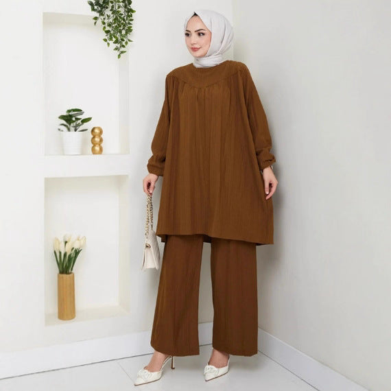Solid-color Casual Loose-fitting Crew-neck Long-sleeve Wide-leg Pants Set