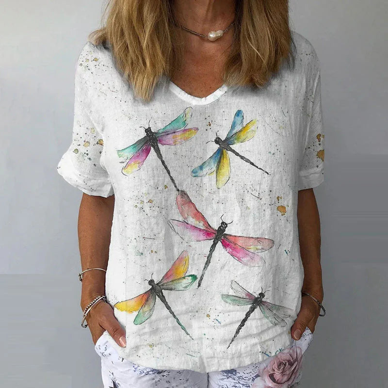 3d Printed V-neck Loose Women's T-shirt Short Sleeve