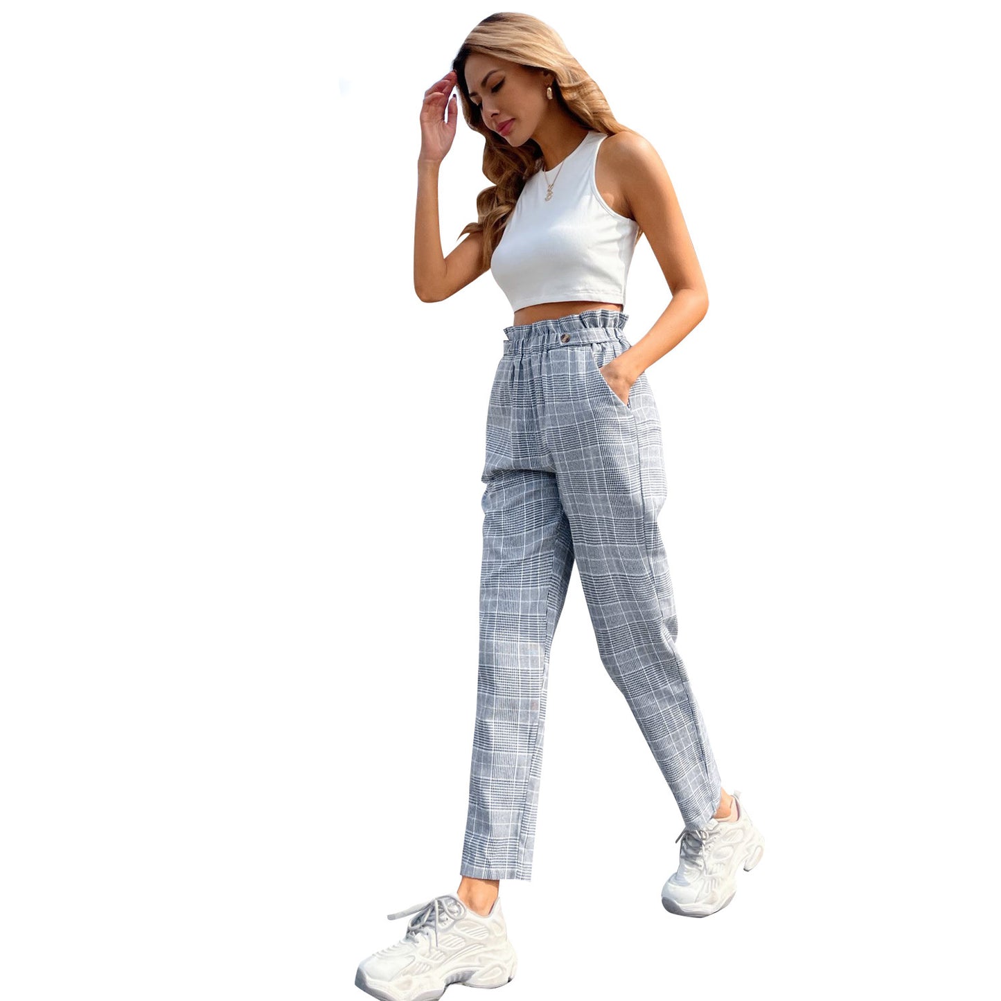 Women's Fashion Temperament High Waist Plaid Straight-leg Pants