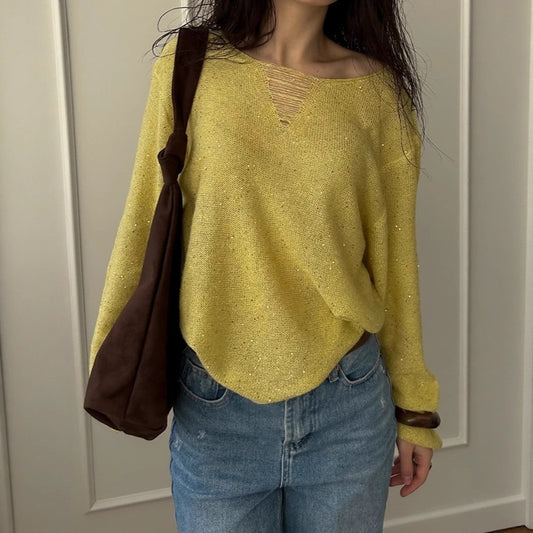 V-neck Long Sleeve Thin Loose Top Elegant Atmosphere Blouse