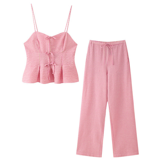 Bow Striped Top Wide Leg Pants