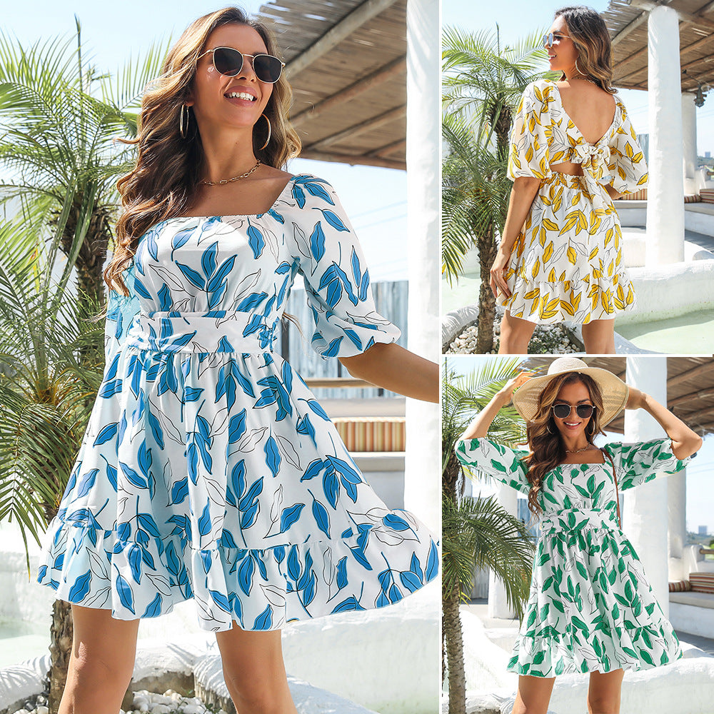 Resort-style Ruffled Square-neck Tie-front Short Skirt