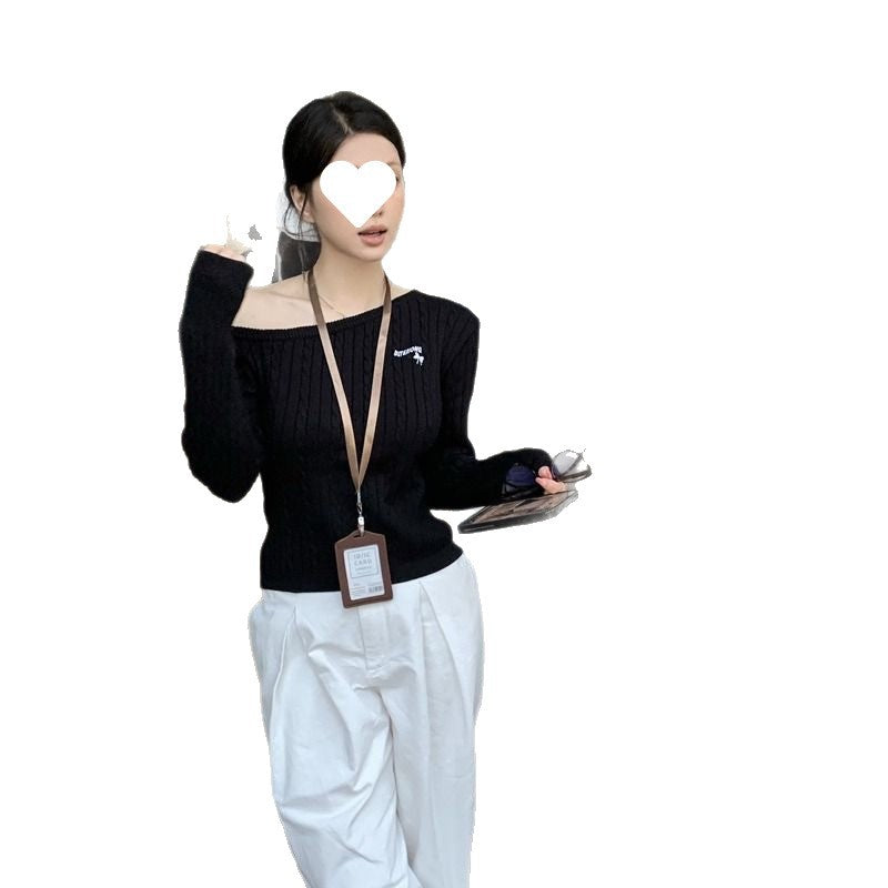 Ny koreansk stil sød-og-cool søster broderet off-shoulder langærmet striktrøje