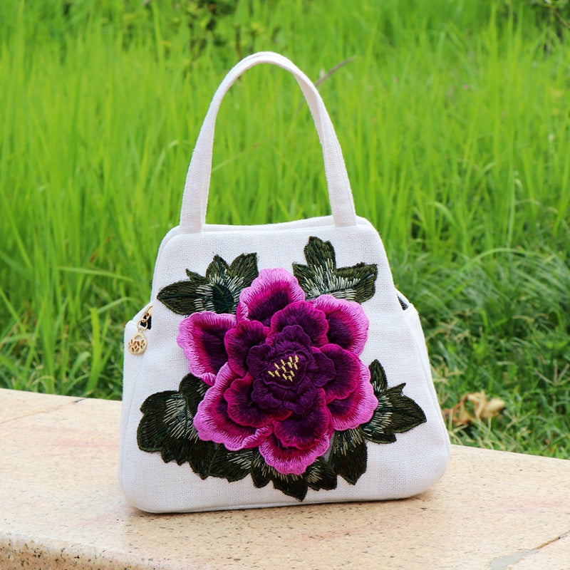 Ethnic-style Embroidered Floral Bag, Canvas Casual Bag, Handbag