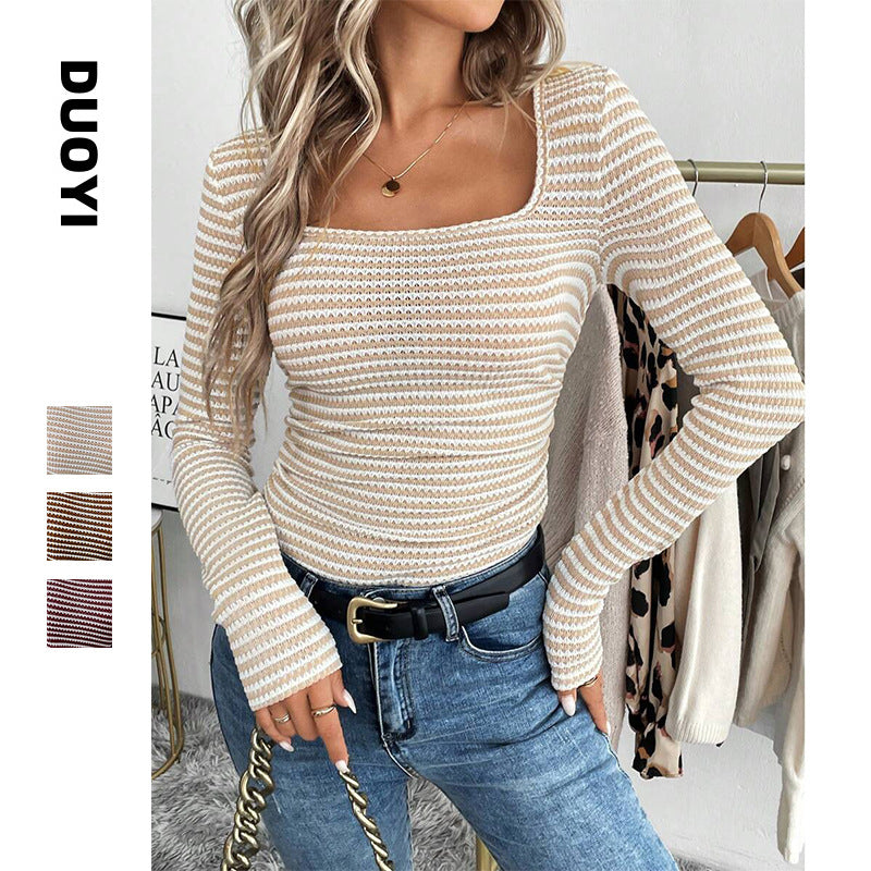 Dame T-shirt Firkantet Hals Slim Fit Strikket Langærmet Pullover