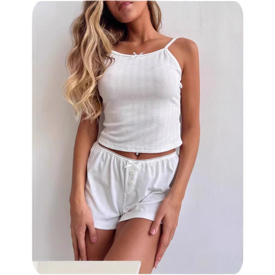 Jacquard Hollow-out Pajama Set Fitted Vest Shorts Sexy Two-piece Home Wear For Women
