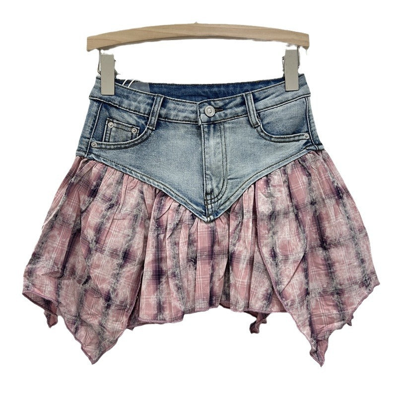 Heavy Industry Stitching Plaid Contrast Color Design Washed Stretch Denim Skirt