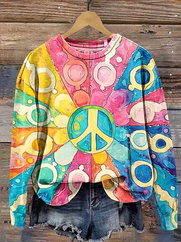 Dame sweater med tryk og lav skuldersøm