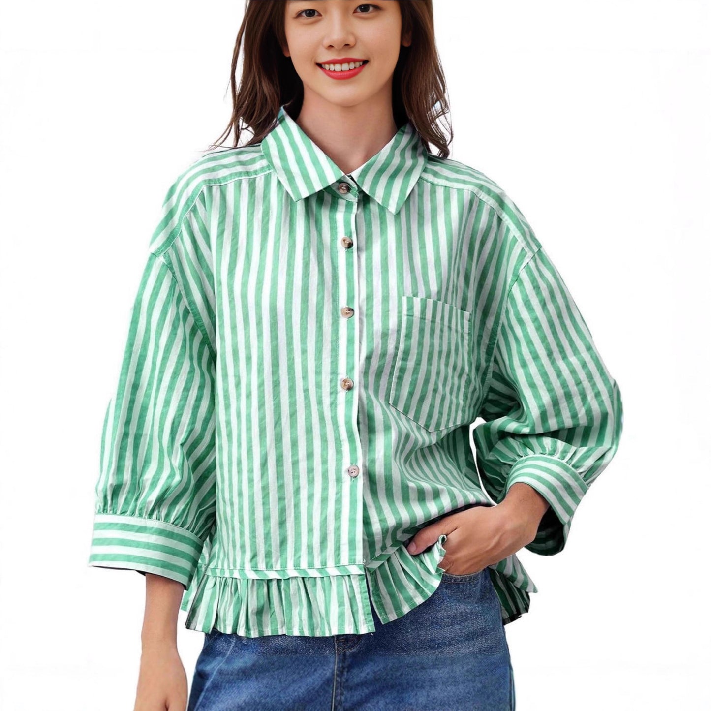 Loose-fitting Casual Top With A Front Placket And Three-quarter Sleeves