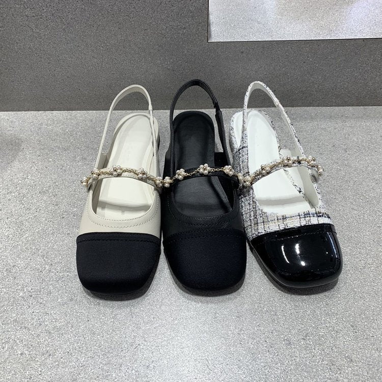New Flower Square Head Elastic Band Shallow Mouth Flat Bottom Fashion Shoes