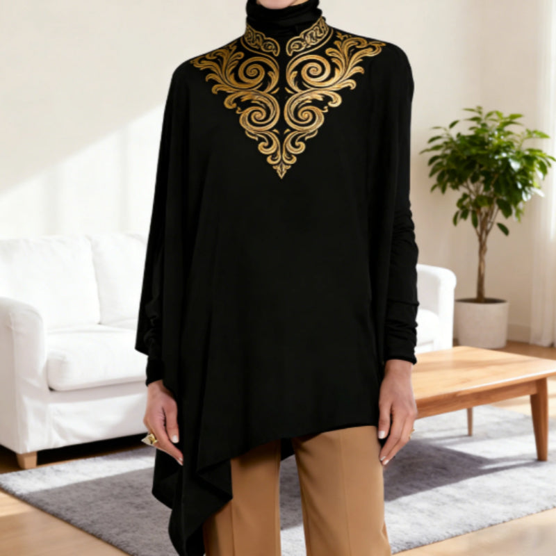 Turtleneck Baroque Pattern Asymmetric Hem Long-Sleeve Top