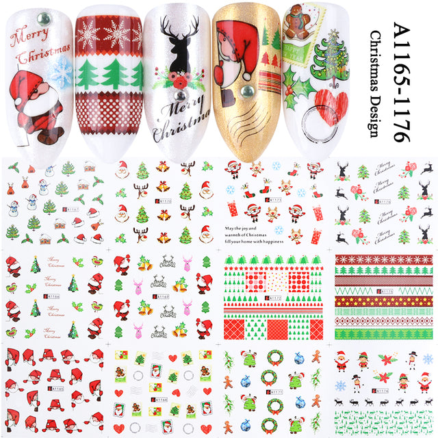 12pcs Cute Christmas Nail Stickers Cartoon Animal Design Pen